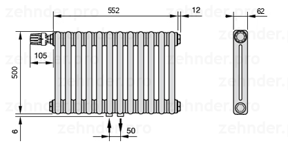 Схема (чертеж) Радиатор Zehnder Charleston 2050/12 №V007 Белый глянцевый RAL 9016